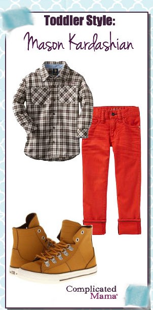 Mason Kardashian Style Look For Less brown leather sneakers boys orange skinny jeans