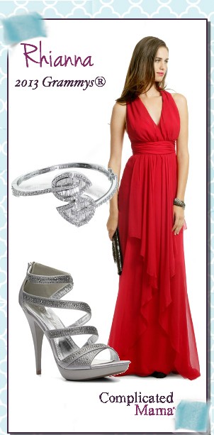 Rhianna Grammy 2013 red sheer chiffon gown Celebrity Look For Less